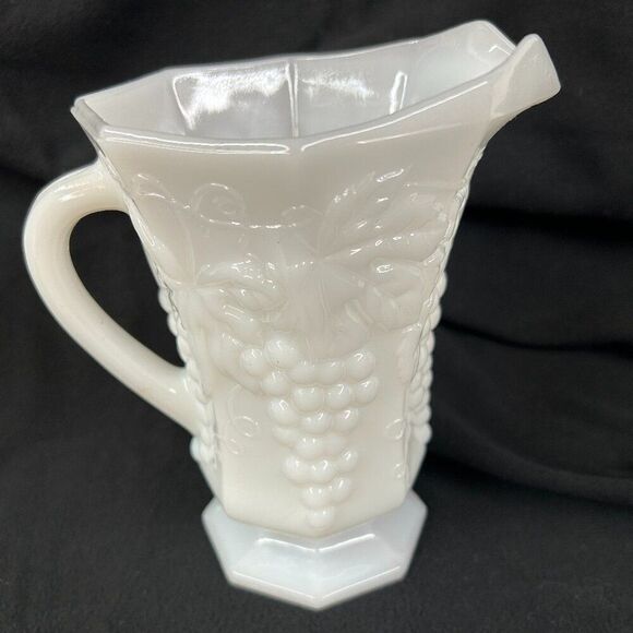 Vintage Anchor Hocking White 6 1/2 Inch Milk Glass Pitcher with Grape Design - Picture 1 of 4
